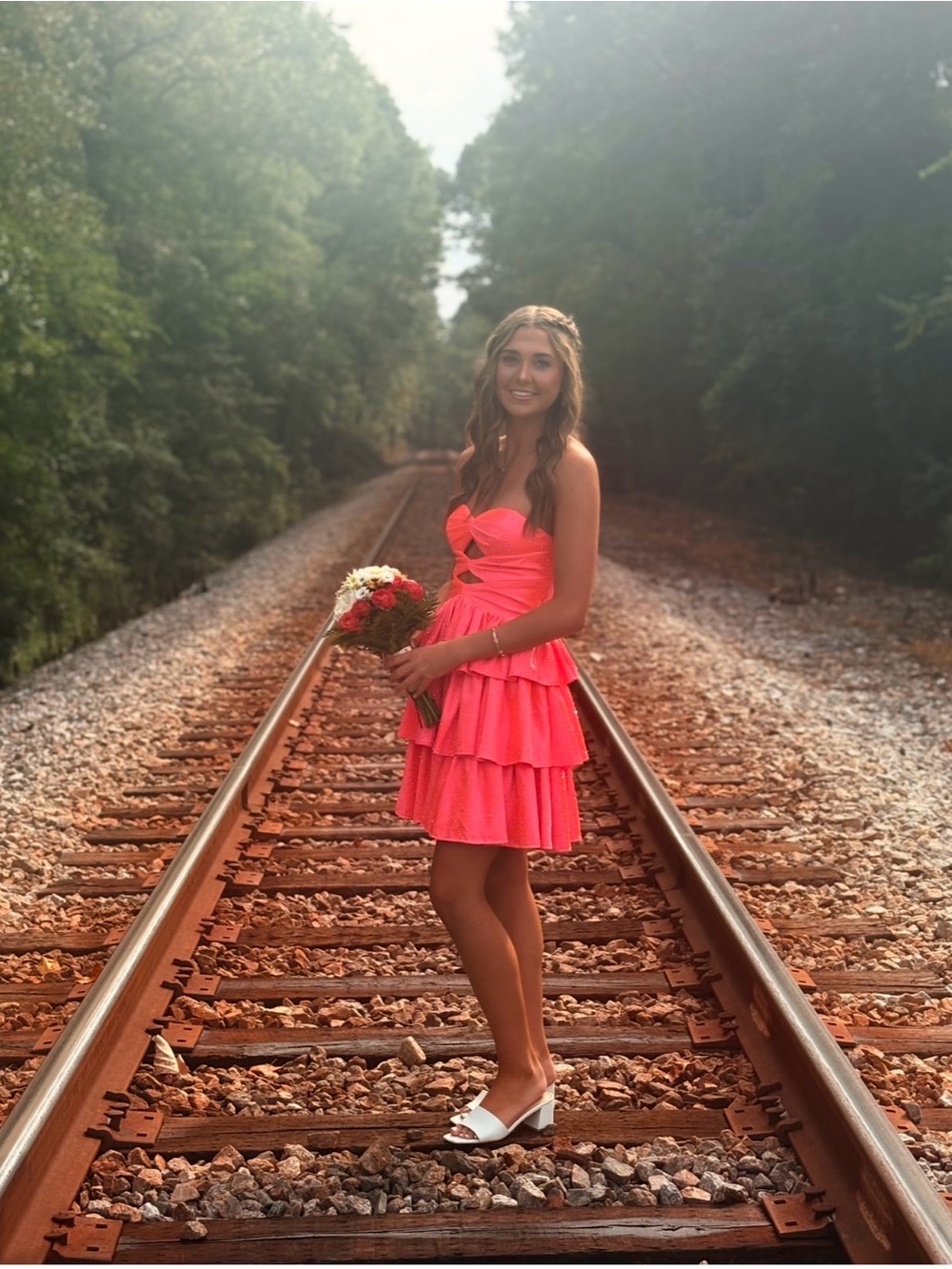 Pink/coral strapless hoco dress